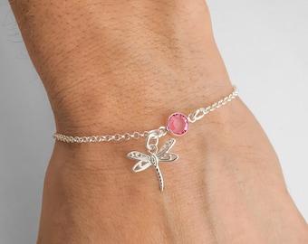 Dragonfly Bracelet or Anklet - Personalized Birthstone Bracelet, 925 Sterling Silver Rolo Chain, Dainty Minimalist Bracelet, Dragonfly Gifts
