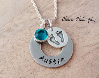 Baby Name Necklace - New Mom Jewelry - Child Memorial Gift - Personalized Hand Stamped Name and Birthstone