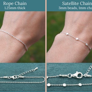 May include: Two silver chain bracelets are displayed. One is a rope chain, 1.25mm thick, and the other is a satellite chain with 3mm beads and a 1mm chain. The bracelets are shown on a wrist and also laid out flat, showcasing the clasps.