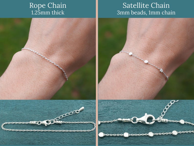 May include: Two silver chain bracelets are displayed. One is a rope chain, 1.25mm thick, and the other is a satellite chain with 3mm beads and a 1mm chain. The bracelets are shown on a wrist and also laid out flat, showcasing the clasps.