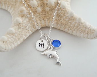 Sterling Silver Dolphin Necklace: Personalized Initial, Birthstone Charm