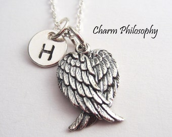 Angel Wings Necklace - Initial Necklace - 925 Sterling Silver Jewelry - Initial Hand Stamped Personalized Monogram - Grief Sympathy Jewelry