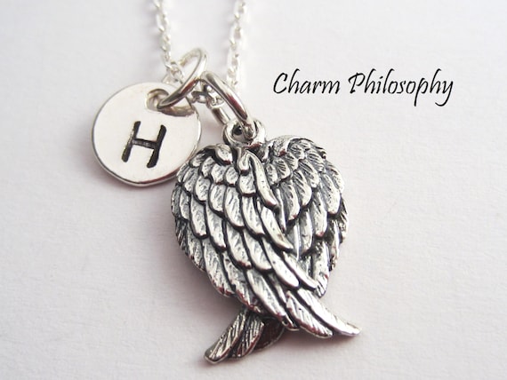  Personalized Angel Wing Necklace Sterling Silver Mothers Necklace  Initial Necklace Monogram Jewelry Gift for Mom Memorial Jewelry : Handmade  Products