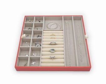Coral Red Jewelry Organizer Tray, Thin Vegan Leather and Velvet Drawer Insert