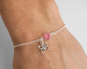 Dainty Butterfly Bracelet, Butterfly Anklet, Personalized Butterfly Birthstone Bracelet, 925 Sterling Silver Rolo Chain - LAST CHANCE