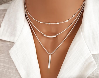 Sterling Silver Layered Necklace - 3 Layer Minimalist Jewelry, Vertical Bar Necklace, Curved Bar Necklace and Satellite Chain, Mix and Match