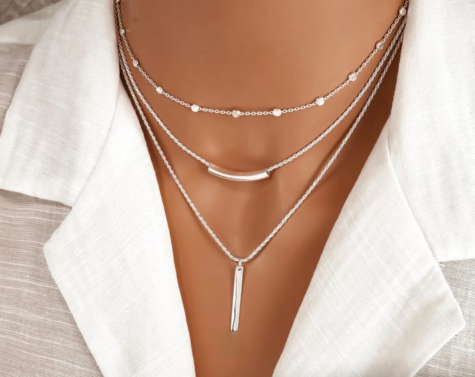 Featured listing image: Sterling Silver Layered Necklace - 3 Layer Minimalist Jewelry, Vertical Bar Necklace, Curved Bar Necklace and Satellite Chain, Mix and Match