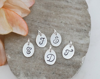 Handstamped Initial Charm in Script Font - Add on Personalized Oval Letter Charm, 925 Sterling Silver Charm, 14mm Alphabet Charms
