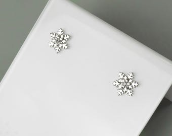 Snowflake Earrings - Christmas Earrings - Cubic Zirconia Studs -  925 Sterling Silver Jewelry - Snowflake Studs - Winter Wedding Earrings