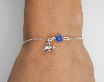 Sterling Silver Bear Bracelet or Anklet: Birthstone Charm, Rolo Chain