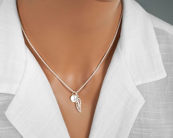 Sterling Silver Wing Necklace, Small Angel Wing Charm, Personalized Monogram Initial Charm, Personalized Memorial Necklace, Memorial Jewelry