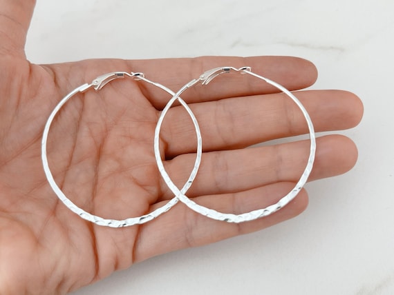 Large Hoop Earrings 925 Sterling Silver Jewelry Hammered Silver