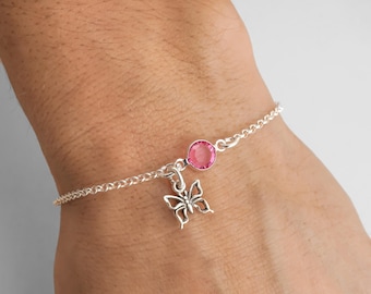 Dainty Butterfly Bracelet, Butterfly Anklet, Personalized Butterfly Birthstone Bracelet, 925 Sterling Silver Rolo Chain - LAST CHANCE