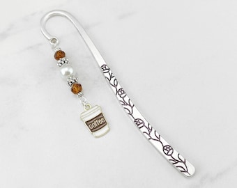 Coffee Cup Charm Bookmark: Beaded Silver Book Marker, Teacher Gift