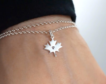 925 Sterling Silver Maple Leaf Bracelet - Double Strand Bracelet - Rolo Chain - Dainty Maple Leaf Heart Anklet - Allergy Free