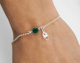 Hamsa Bracelet - Hamsa Anklet - Personalized Birthstone Bracelet - 925 Sterling Silver - Rolo Chain - Dainty Minimalist Jewish Bracelet