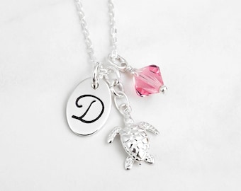 Personalized Sea Turtle Necklace: 925 Sterling Silver Jewelry, Handstamped Initial and Birthstone Charm