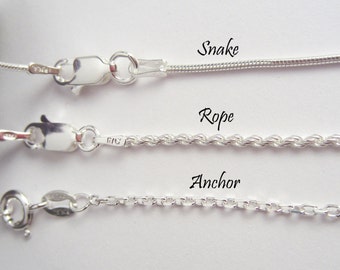 925 Sterling Silver Chain - Anchor, Rope and Snake Chains - 16 to 30 inches - Finished Chain