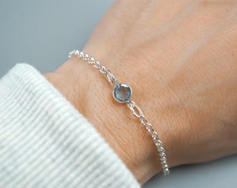 March Birthstone Bracelet - Preciosa Aquamarine Birthstone Anklet - 925 Sterling Silver - Dainty Minimalist Bracelet