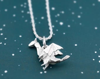 Silver Dragon Necklace - Origami Dragon Charm Necklace - 925 Sterling Silver Fantasy Dragon Gifts