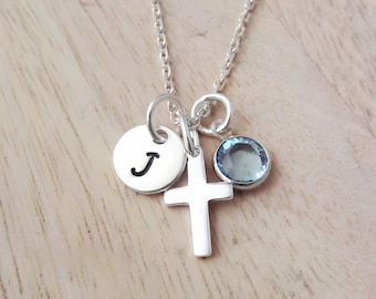 Small Cross Charm Necklace - Dainty 925 Sterling Silver Crucifix Jewelry - Personalized Initial and Birthstone Charm