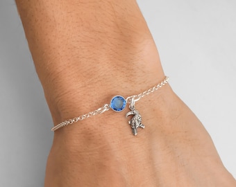 Toucan Bracelet or Anklet - Personalized Birthstone Bracelet - 925 Sterling Silver - Rolo Chain - Dainty Minimalist Bird Bracelet