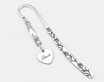 Personalized Aunt Bookmark: Engraved Heart Charm, Beaded Metal Book Marker