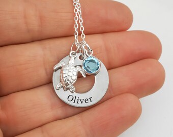 Sea Turtle Name and Birthstone Necklace: Personalized Ocean Gifts, 925 Sterling Silver and Stainless Steel