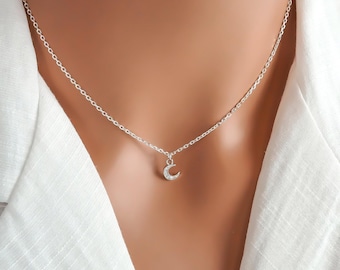 Tiny Moon Necklace - Small Crescent Moon Charm - Minimal Jewelry - Cubic Zirconia Moon Charm - 925 Sterling Silver Necklace - Simple Jewelry