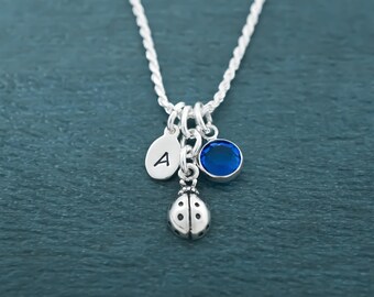 Sterling Silver Ladybug Necklace: Personalized Initial & Birthstone Charm