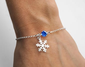 Snowflake Birthstone Bracelet or Anklet - Personalized Birthstone Bracelet - 925 Sterling Silver - Rolo Chain - Dainty Minimalist Bracelet