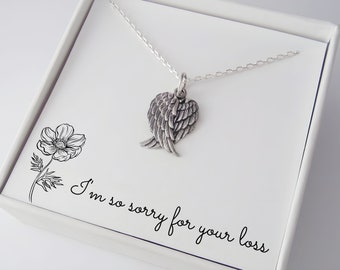 Angel Wings Memorial Necklace | 925 Sterling Silver Angel Wings Necklace - Folded Wings Pendant - I'm Sorry For Your Loss Grief Jewelry
