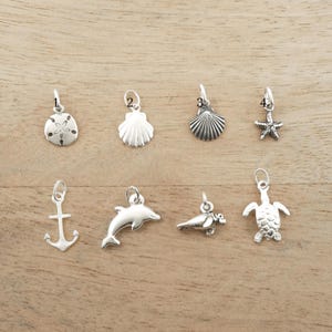 Peut inclure: Une collection de breloques argentées sur le thème de la mer. Les breloques comprennent un dollar des sables, un coquillage, une coquille Saint-Jacques, une étoile de mer, une ancre, un dauphin, un phoque et une tortue de mer. Chaque breloque a une petite boucle.