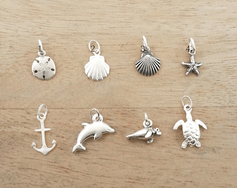 Sterling Silver Ocean Charms: Seashell, Sand Dollar, Clam Shell, Starfish, Anchor, Dolphin, Manatee, Sea Turtle Pendant