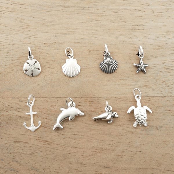 Sterling Silver Ocean Charms: Seashell, Sand Dollar, Clam Shell, Starfish, Anchor, Dolphin, Manatee, Sea Turtle Pendant