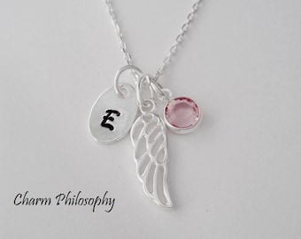 Personalized Angel Wing Necklace - 925 Sterling Silver Jewelry - Grief Gift - Monogram Initial and Preciosa Birthstone Charm