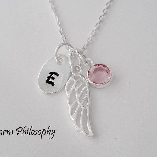 Personalized Angel Wing Necklace - 925 Sterling Silver Jewelry - Grief Gift - Monogram Initial and Preciosa Birthstone Charm