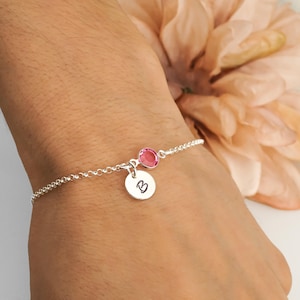 Initial Birthstone Bracelet or Anklet: Sterling Silver Handstamped Initial Charm, Rolo Chain