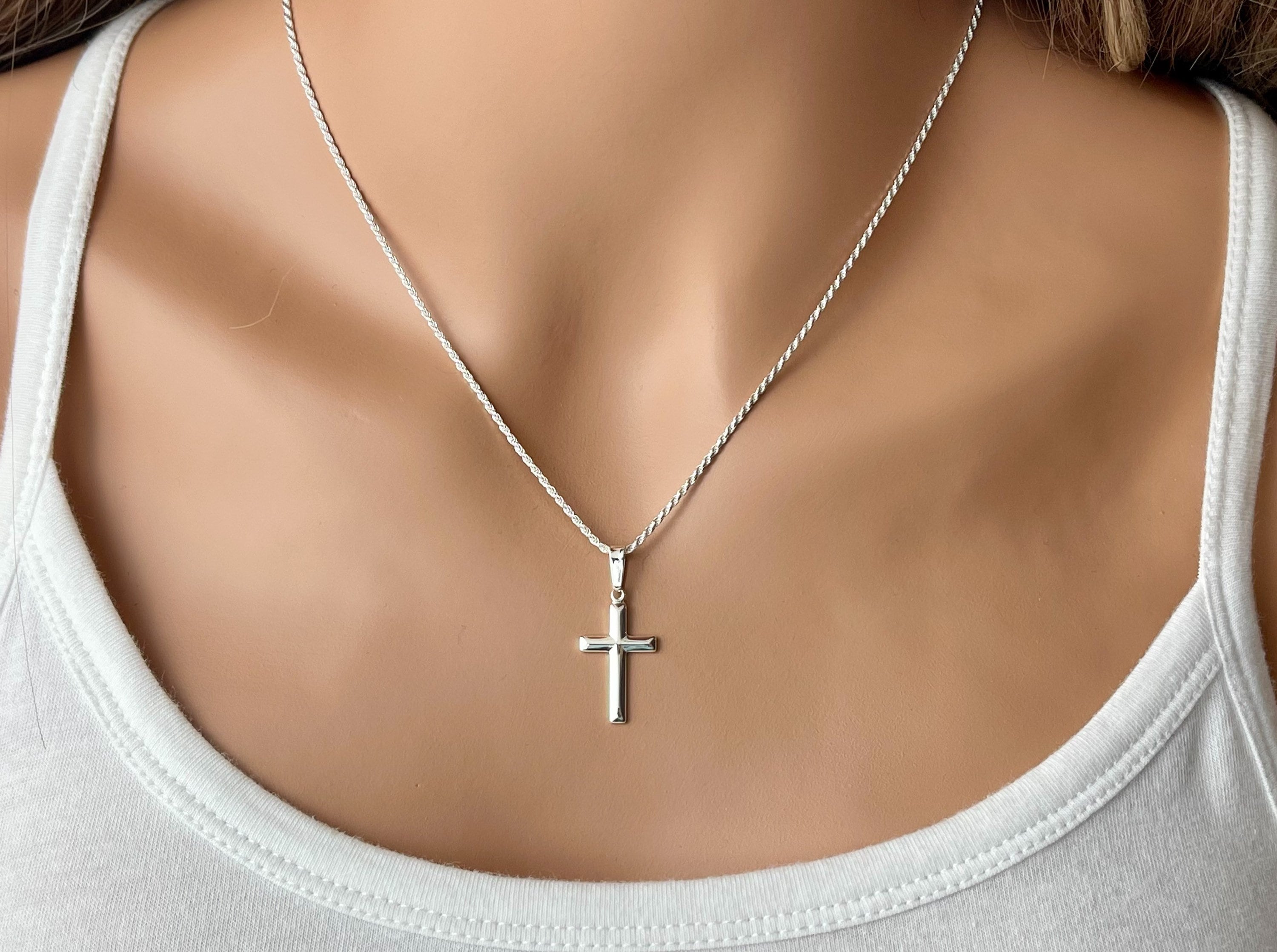Sterling Silver Cross Necklace Religious Jewelry Simple Plain Silver Cross Pendant 28mm Womens Cross Necklace Etsy
