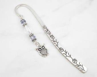 Owl Bookmark - Silver Beaded Bookmark, Unique Bookmarks for Teacher Gifts for Night Owl Gifts - Beaded Owl Stationary - Silver Bird Bookmark