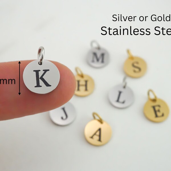 Add a Small Stainless Steel Initial Charm - Silver or Gold Stainless Steel Letter - 9mm Round Alphabet Charms
