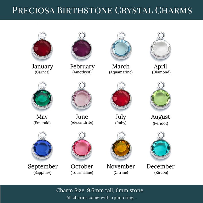 a picture of the names of different crystal charms