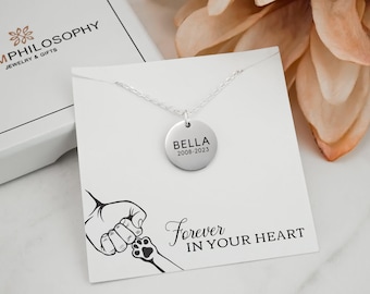 Dog Memorial Necklace - Custom Engraved Dog Name Necklace and Memorial Dates - 925 Sterling Silver, Gold Filled & Stainless Steel