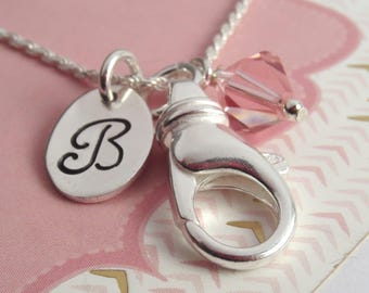 Lanyard Sterling Silver Necklace - Personalized Monogram Initial and Birthstone - Badge Holder