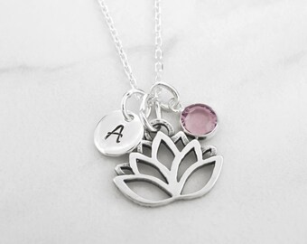 Lotus Flower Necklace, Spiritual Jewelry, Meditation Necklace, Yoga Necklace, 925 Sterling Silver Jewelry, Personalized Birthstone & Initial