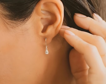 Tiny Teardrop Earrings - Minimalist Jewelry - Cubic Zirconia Tear Drop Charm Earrings - 925 Sterling Silver Earrings - Lever Back Earrings