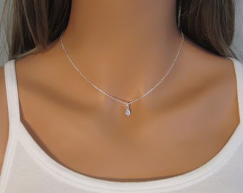 Tiny Teardrop Necklace - Minimalist Jewelry - Cubic Zirconia Tear Drop Charm - 925 Sterling Silver Necklace - Simple Everyday Jewelry