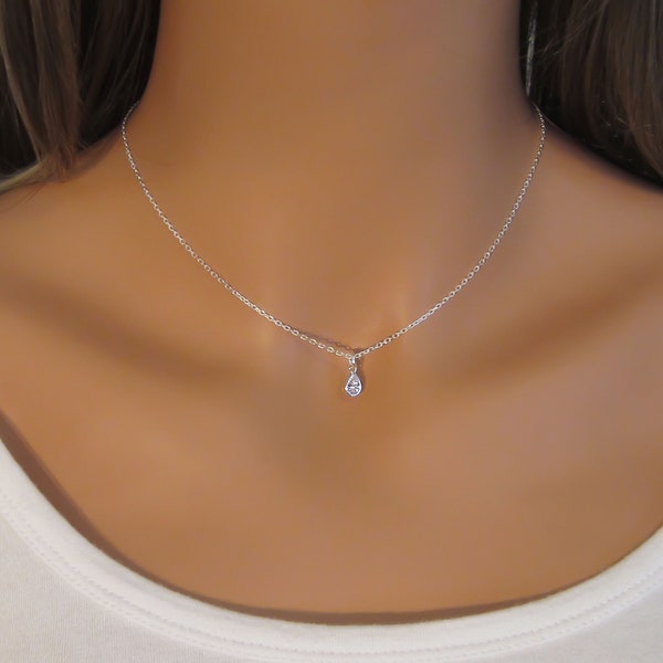 Tiny Teardrop Necklace - Minimalist Jewelry - Cubic Zirconia Tear Drop Charm - 925 Sterling Silver Necklace - Simple Everyday Jewelry