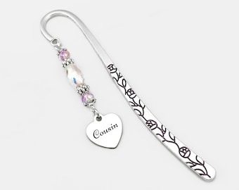 Cousin Bookmark for Cousin Gifts for Cousin Engraved Heart Charm Bookmark Silver Bookmark Cousin Birthday Gift Ideas - Unique Bookmarks