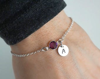 Handstamped Initial Bracelet or Anklet: Personalized 925 Sterling Silver Birthstone Jewelry, Rolo Chain